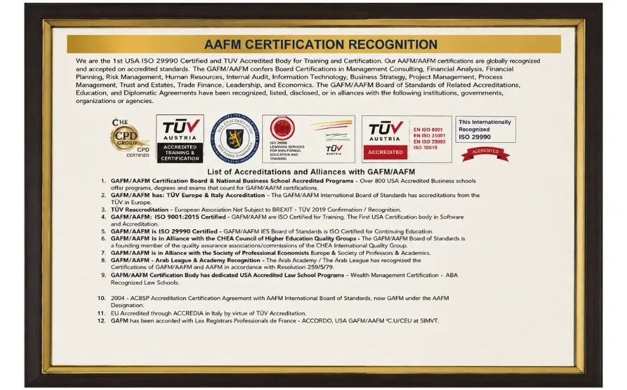Sample CWM® certificate awarded directly by AAFM USA